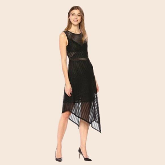 BCBGMAXAZRIA Black Sheer Leona Asymmetrical Midi Dress Size M - Picture 1 of 13